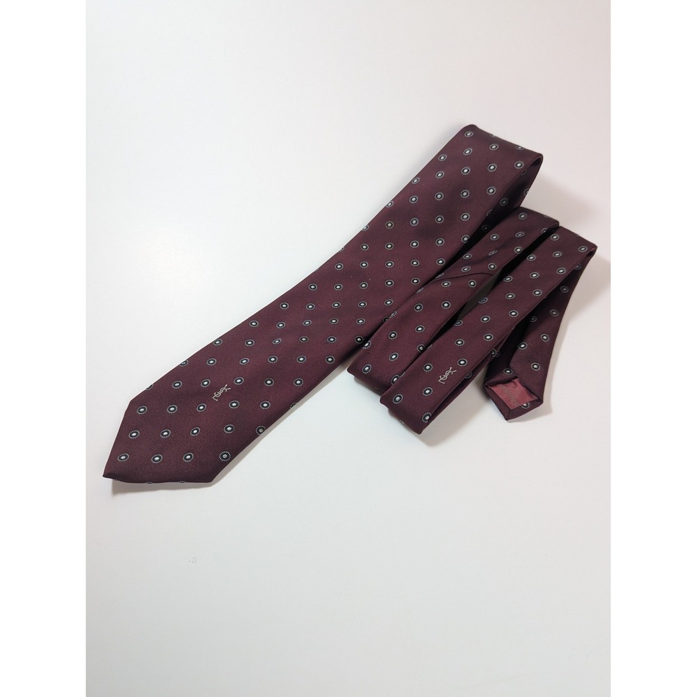 Yves Saint Laurent Mens Silk Tie Burgundy Medallion Geometric YSL Logo Vintage